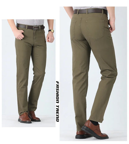 Dayton Olive Stretch Chinos:Mens Suit Pants Cotton Casual Stretch Male Trousers Long Straight High Quality Dress Pants 40 42 44