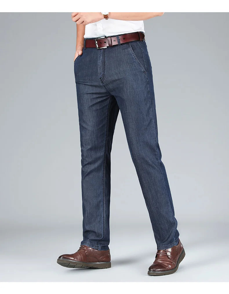 2026 Thin Stretch Denim Business Casual High Waist  High Lyocell  Men's Fit Straight Lightweight Cotton  Light Grey Jeans