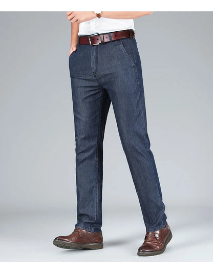 2026 Thin Stretch Denim Business Casual High Waist  High Lyocell  Men's Fit Straight Lightweight Cotton  Light Grey Jeans