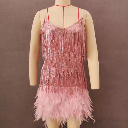 Elegant Dress Stretchy Tassel Sequins Decor Sexy Bodycon Mini Dress Pure Colors Above Knee Summer Dress Club Wear