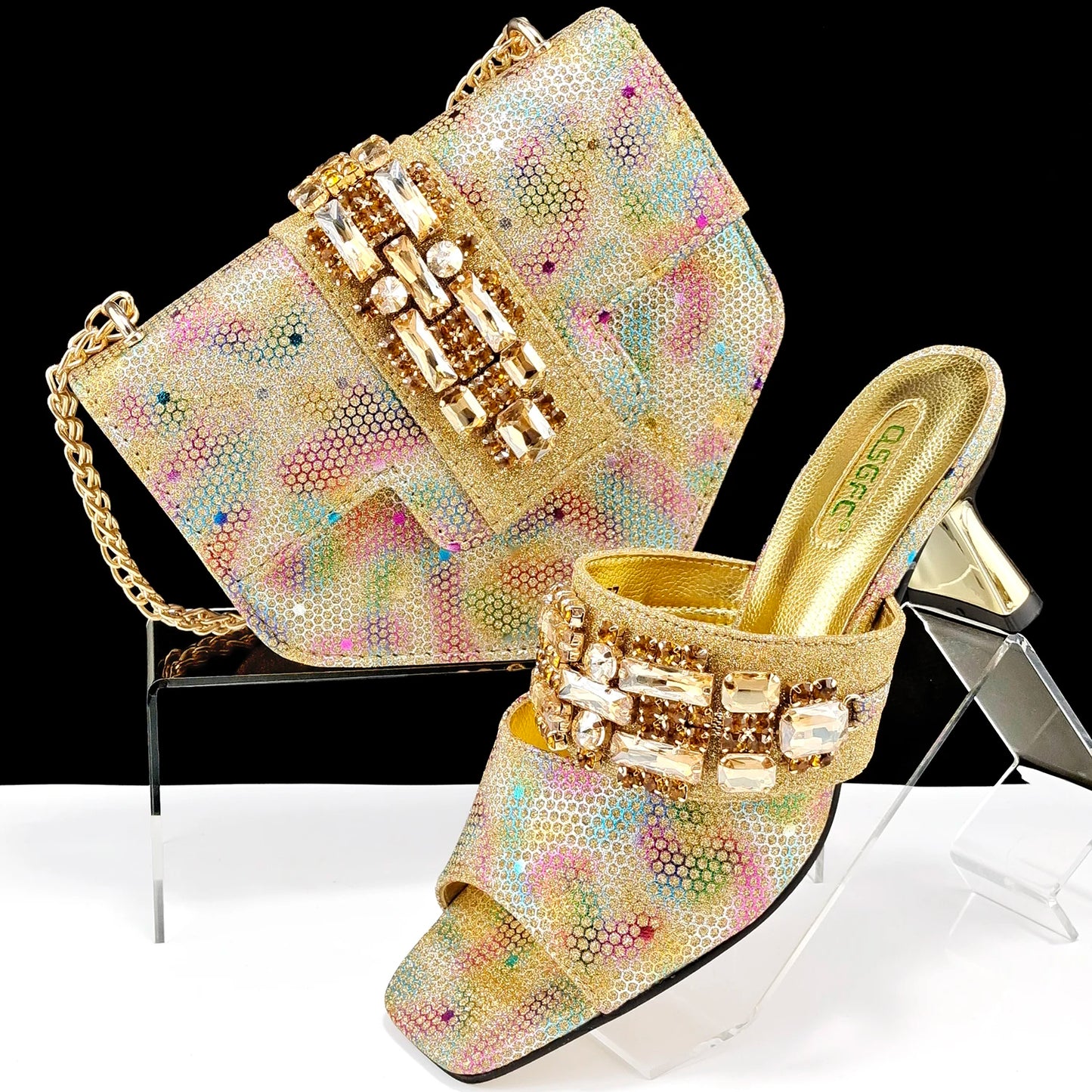 Mature Style Colorful Rhinestone Metal Design Strange High Heel Style Peep Toe Shoes and Bag Set for Party Wedding