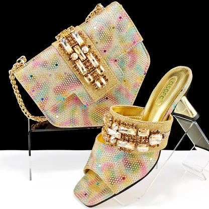 Mature Style Colorful Rhinestone Metal Design Strange High Heel Style Peep Toe Shoes and Bag Set for Party Wedding