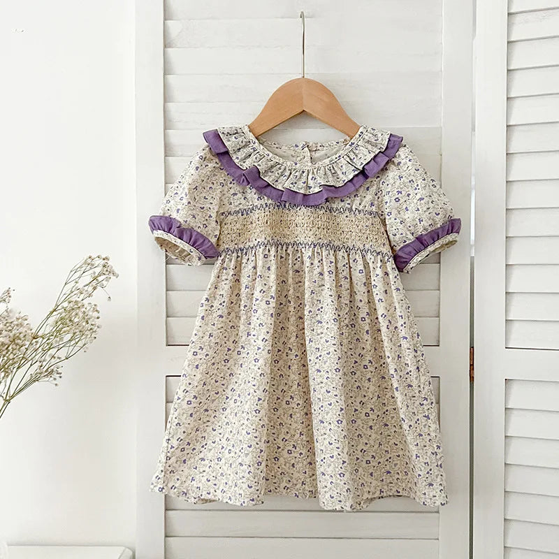 1-6Yrs Casual Summer Kids Girls Dress Floral Kids Clothes Ruffled Collar Purple Baby Girl Princess Dress New Flower Girl Dresses