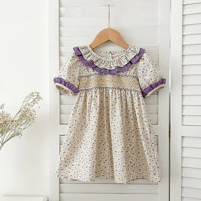 1-6Yrs Casual Summer Kids Girls Dress Floral Kids Clothes Ruffled Collar Purple Baby Girl Princess Dress New Flower Girl Dresses