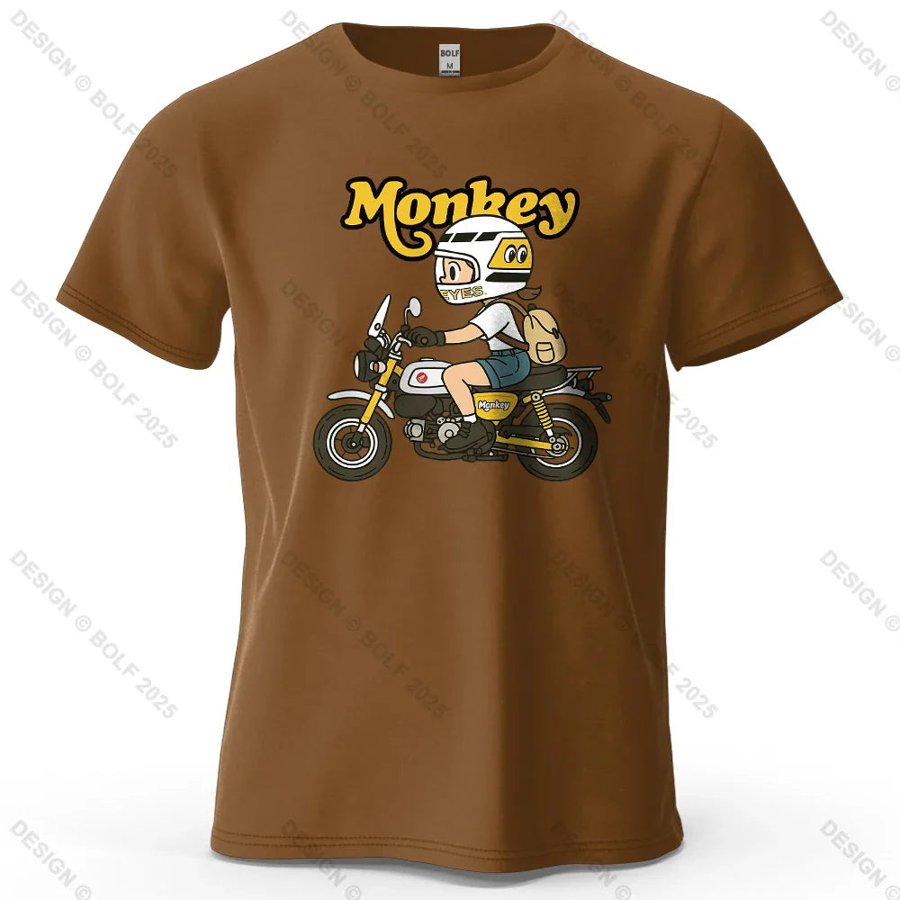 Men's Monkey Motorcycle Graphic Short Sleeve T-Shirt 100% Cotton Cartoon Printed Tops Tee for Women Summer Casual Sportswear