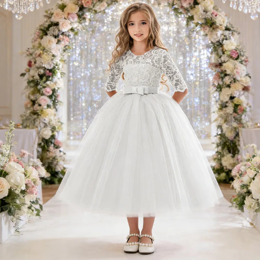 Teenager Girls White Bridesmaid Dresses Wedding Birthday Party Ball Gown Flower Girls First Communion Costume 3 to 14 Years