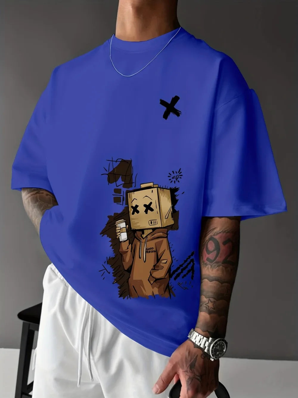 European and American Summer Men's Fashion Cartoon Graffiti Printed Comfortable Breathable Round Neck T-shirt Outdoor Street Top