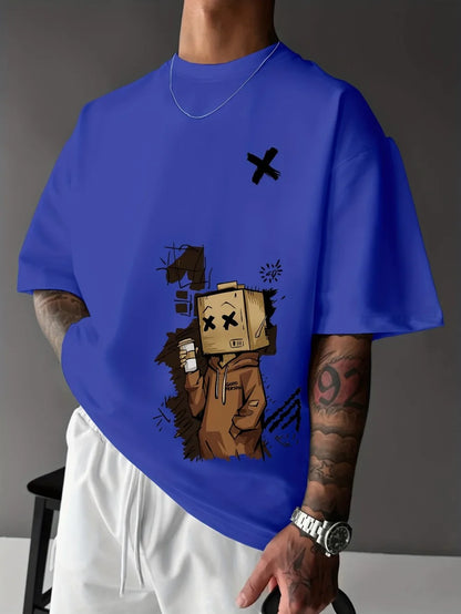 European and American Summer Men's Fashion Cartoon Graffiti Printed Comfortable Breathable Round Neck T-shirt Outdoor Street Top