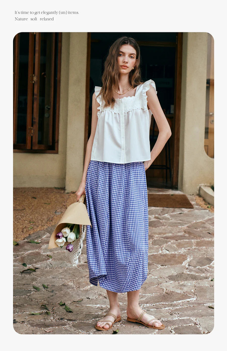 Women's Summer 2026 Midi Elastic Waistband Skirt Elegant Office Ladies Blue Plaid BUD Skirt Female Clothes O57XB99598