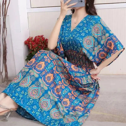 Flower V-neck Elastic Youthful Bohemian Sweet Midi Dress Woman Clothes Chic Fashion Summer Dresses 2025 Large Swing Ski