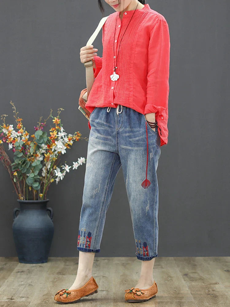 Fashion Summer Ladies Ripped Loose Jeans Womens Leisure Embroidery Denim Trousers Vintage Females Elastic Harem Pants