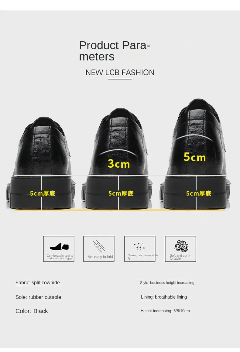 5 8 10 Cm Heel Shoes Men Fashion Casual Cow Leather Men's Dress Shoes British Breathable Groom Platform Wedding Shoes Male