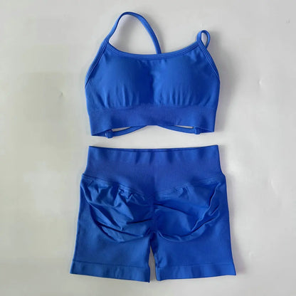 No Logo Women 2 Pieces Yoga Set Cross Straps Bra Beautiful Back Tops High Waist Sport Short Scrunch Bum Workout Short Gym Suit