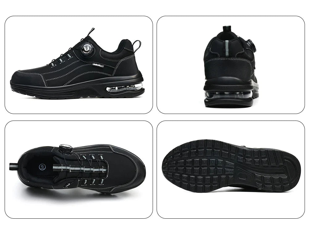 Men's Safety Work Boots Steel Toe Puncture Resistant Kevlar Midsole Air Cushion Black Button Style Industrial Construction Shoes