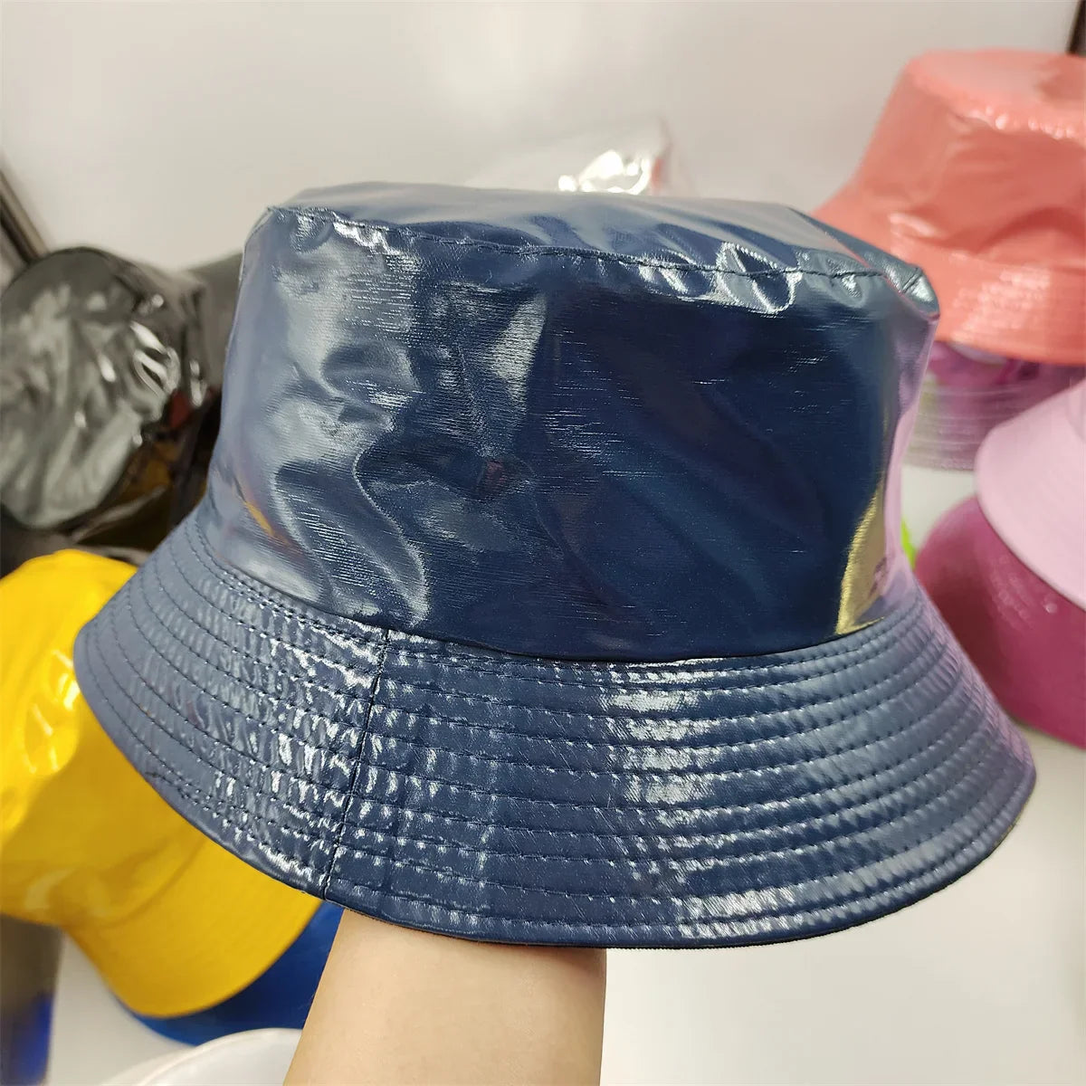 Colorful Shiny Leather Two Sided Fisherman Hat Women's and Men's Hip Hop Summer Sunshade Hat Foldable Bucket Hat