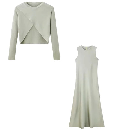 2025 Summer Women fashion Long Dress Elegance Satin Dress Knitted Top Match Set Maxi Floor Length Woman Casual Chic Clothes