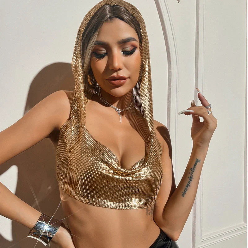 Y2K Streetwear Metal Sequins Women Tank Top Punk Goth Hip Hop Bandana Head Wraps Vest Rave Festival Women Tops Tee For Nightclub