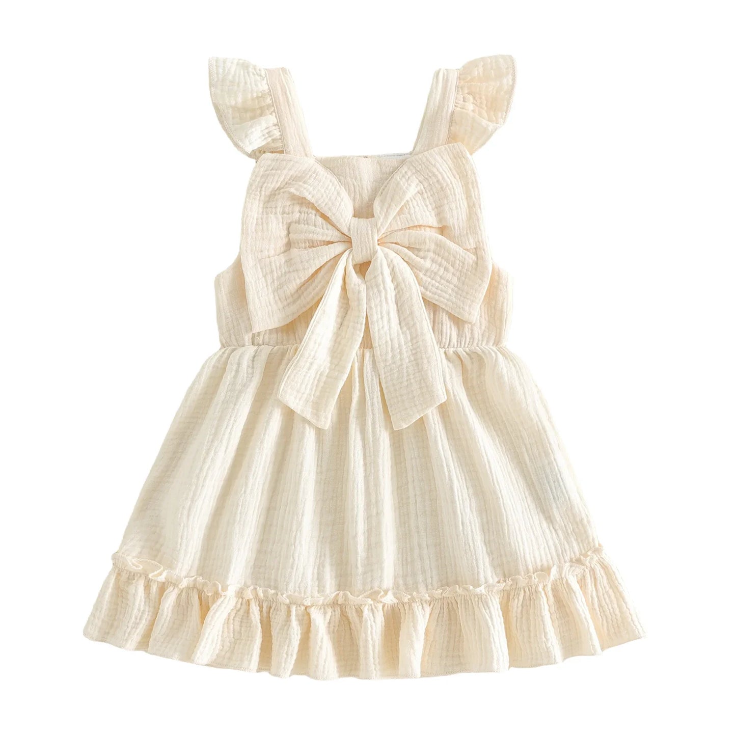 Toddler Kids Baby Girls Summer Casual Dress Princess Girls Solid Cotton Linen Fly Sleeve Bowknot Holiday Party Dress Sundress