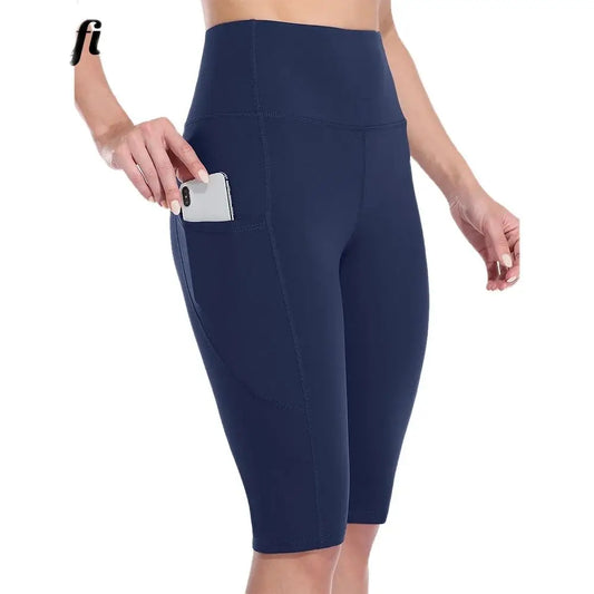 Women Yoga Shorts Jogging Running Cycling Fitness Sportswear High-waist with Side Pockets Sporty Shorts Solid Color