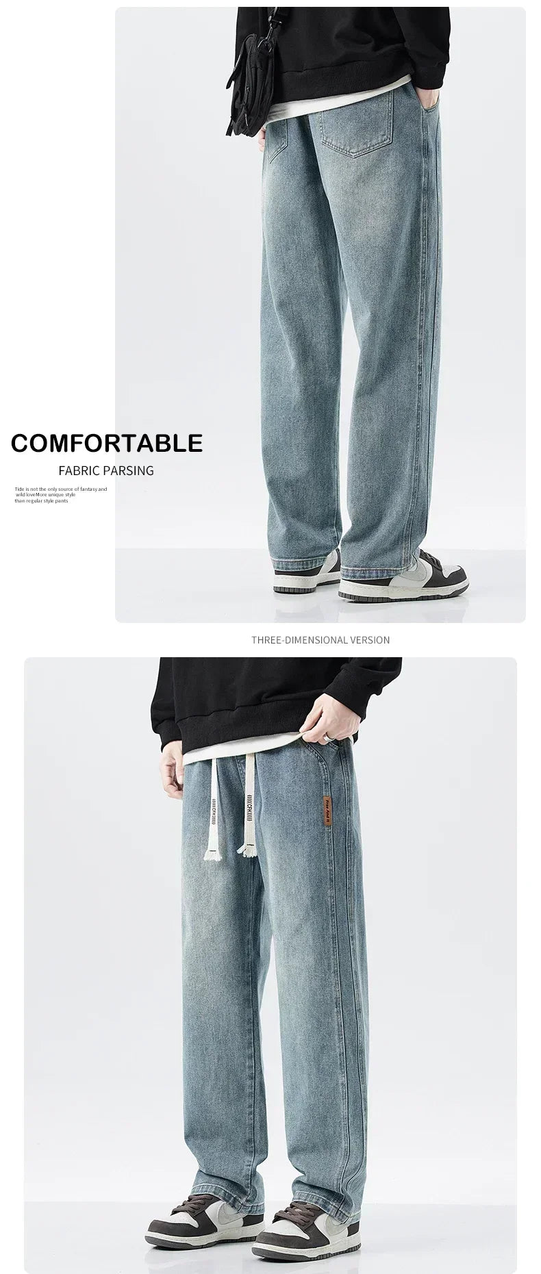 Men's Retro Jeans Elastic Waist Fashion Loose Straight Casual Wide Pants Cotton Casual Korean Baggy Wide Leg Denim Trousers
