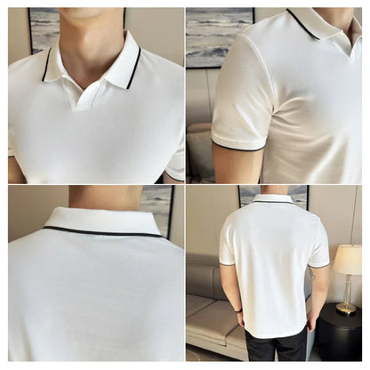 Business Casual Solid Color Men's Polo Shirt, 2024 Summer Classic, Men Short Sleeve V-neck T-shirt, Slim Fit Spliced Polo 4XL-M