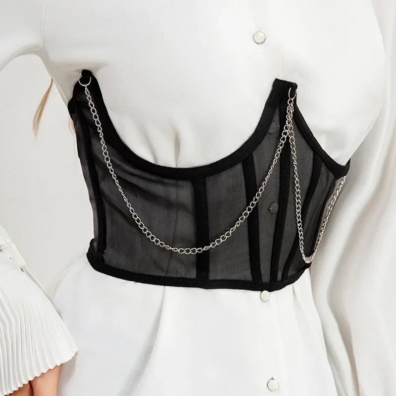 Sexy Corset Underbust Punk Metal Chain Black Women Top Curve Shaper Strap Slimming High Waist Belt Lace Bustiers Mall Goth Corse