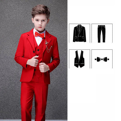 Flower Boys Red Wedding Suit Children Jacket Vest Pants Bowtie 4PCS Photograph Suit Teenager Tuxedo Dress Kids Birthday Costume