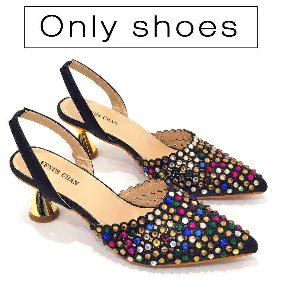 Sapatos Femininos Salto Alto Ponta Fina Designer Luxo Pedras Coloridas Festa Noturna Conjuntos de Sapatos e Bolsas Combinando