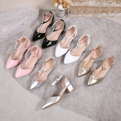 Children's Thick Heel Sandals Summer New Pointed-toe Girls' Crystal Princess Shoes Fashion Children's High-heeled Leather Shoes