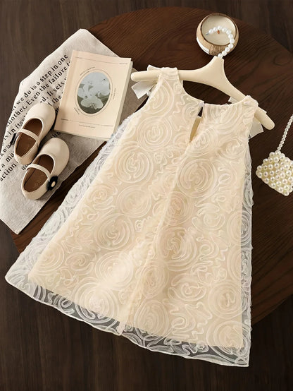 Girls' summer romantic and elegant butterfly knot sleeveless dress with sweet temperament, rose mesh princess dress