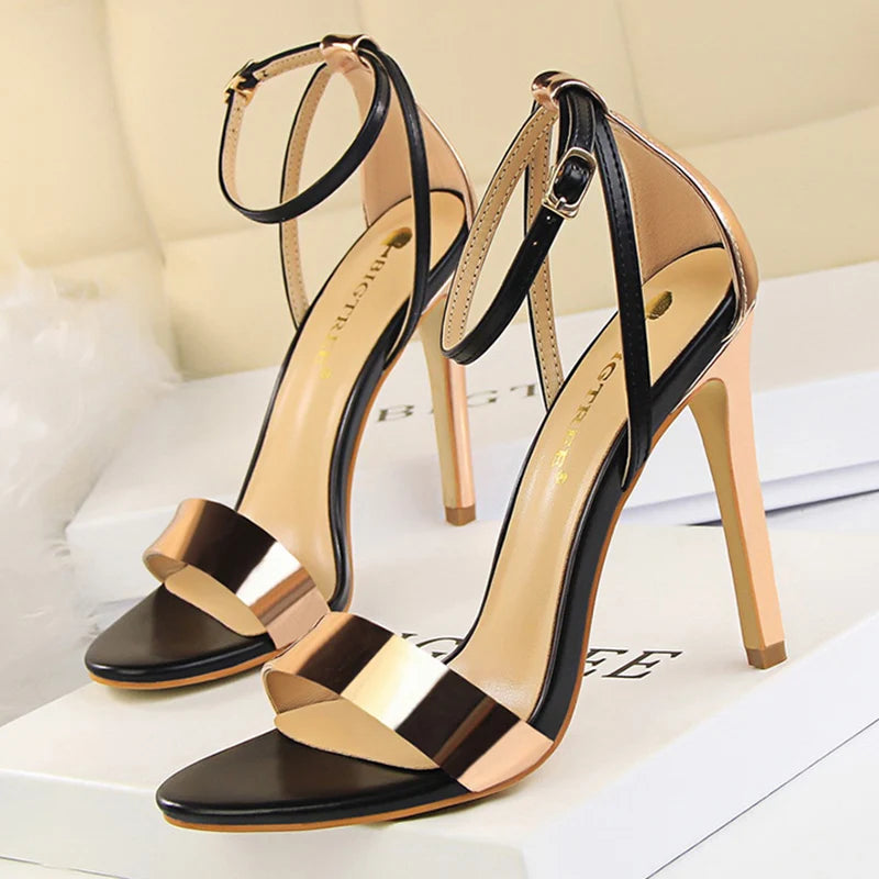 Women Black-White Concise Leather 11cm High Heels Sandals Lady Adjustable Ankle Buckle Shoes Female Fashion Party Dress Shoes