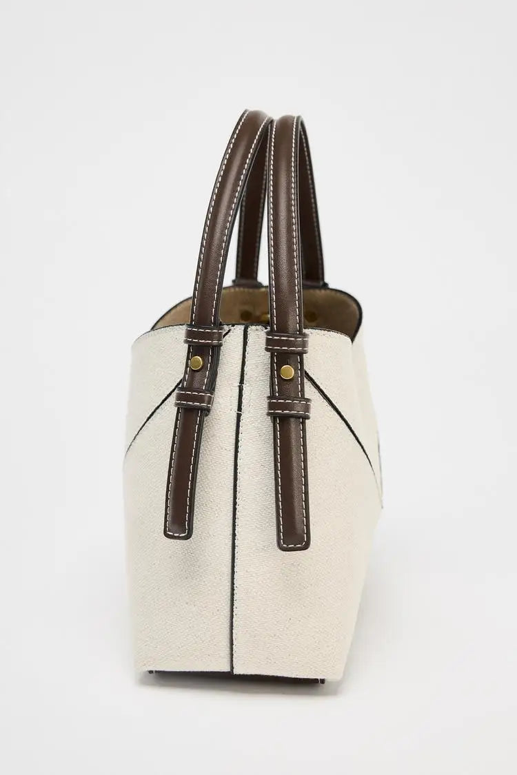 CONTRAST CANVAS MINI SHOPPER, Fashionable Bucket Bag, Designer Shoulder Handbags, Luxury Handle & Removable Crossbody Strap