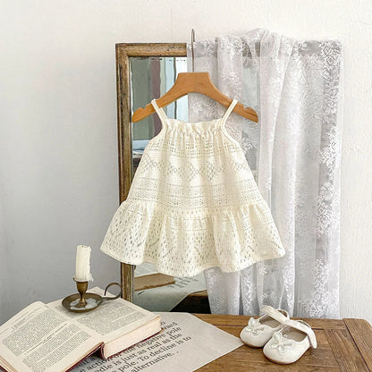 2025 New Summer Girls Lace Hollow Out Ruffled Straps Princess Dress Kids Party Dresses Baby Girls Fashion Summer Outfit