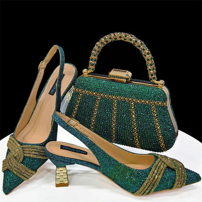 Special Design High Quality Orange Color African Women Shoes and Bag Set with Shinning Crystal for Wedding Party