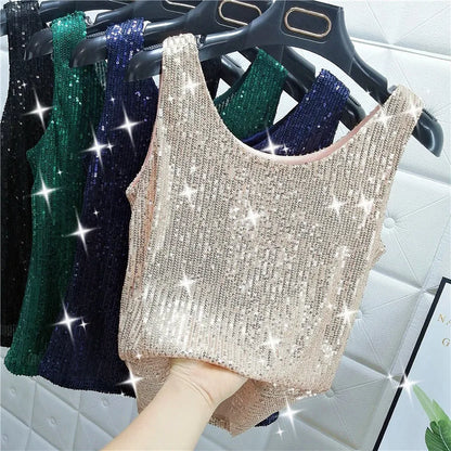 Sparkling Sequins Round Neck Vest Women's Outer Wear 2022 Summer New Bright Silk Fashion Glitter Bottoming Shirt Suspender Top