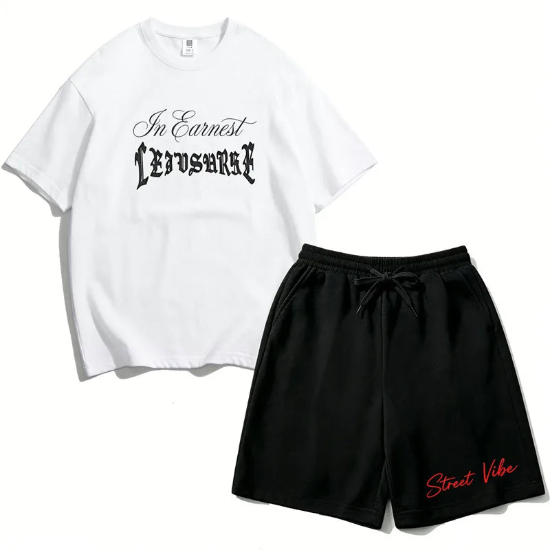2Pcs Boys Cotton Summer Outfit Gothic Street Style Print T-shirt and Shorts Casual Sportswear for Kids 3-14Y RZ29
