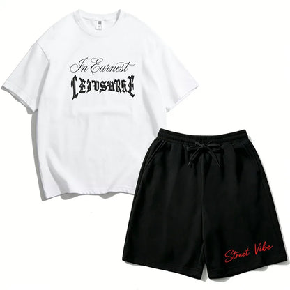 2Pcs Boys Cotton Summer Outfit Gothic Street Style Print T-shirt and Shorts Casual Sportswear for Kids 3-14Y RZ29