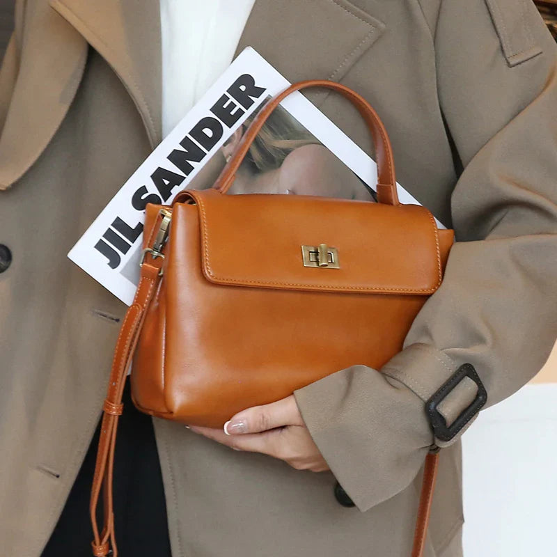 Genuine Leather Top Handle Crossbody Bag for Women Vintage Oil Wax Leather Shoulder Bag Small Luxury Designer Satchel Handbag