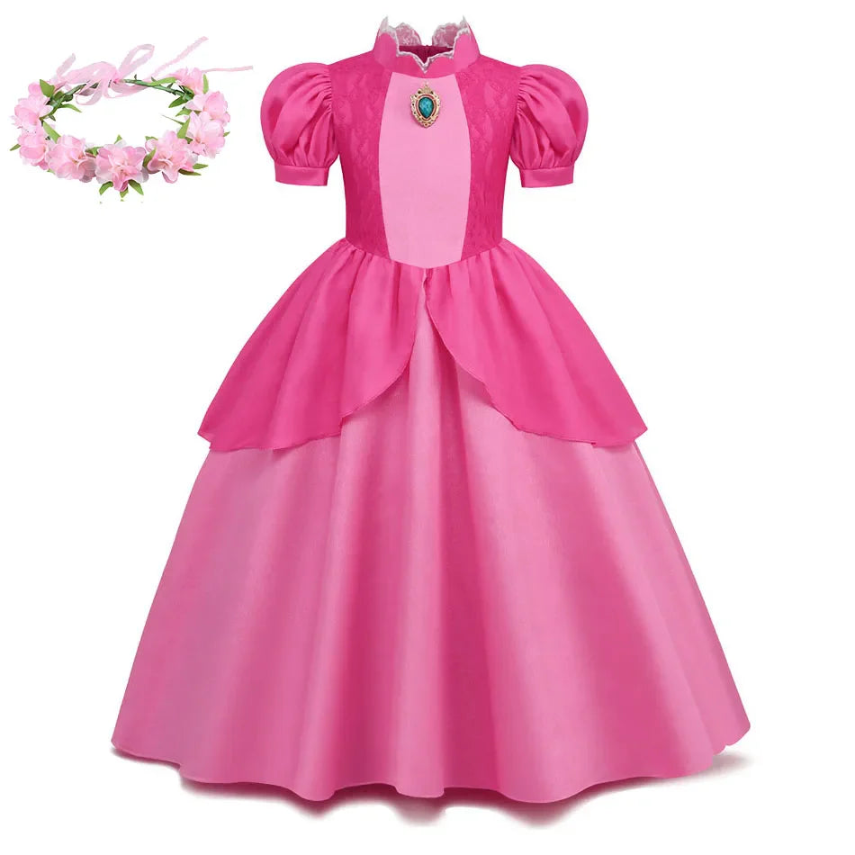 Cosplay Peach Costume for Girl Summer Bubble Sleeve Princess Elegant Dress Kids Halloween Christmas Party Dress Children Clothes