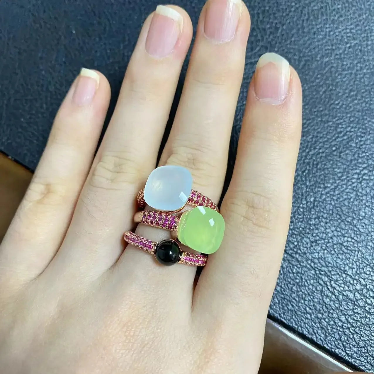 Conjunto de 3 anéis empilháveis ​​Nudo para mulheres, conjunto com cores mistas, cristais tipo bala incrustados, zircônia, ametista, topázio azul, joia redonda, presente
