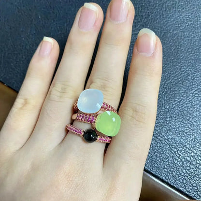 Conjunto de 3 anéis empilháveis ​​Nudo para mulheres, conjunto com cores mistas, cristais tipo bala incrustados, zircônia, ametista, topázio azul, joia redonda, presente