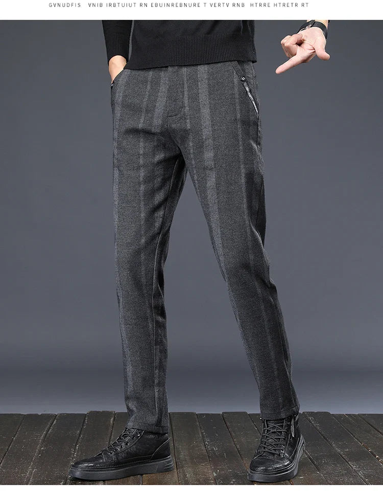 Autumn New Men's Slim Casual Pants  Fashionable Fit Elastic Business Pants High Quality Stripe Classic 3-colors Male Trousers
