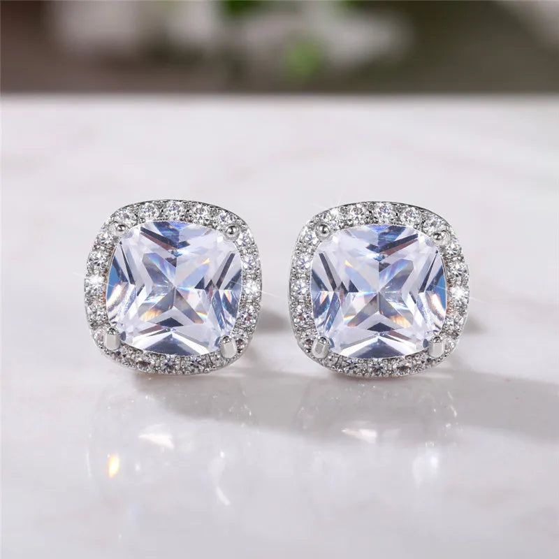 Ne'w Bright White/Yellow/Pink CZ Stud Earrings for Women Fashion Contracted Jewelry High Quality Wedding Engagement