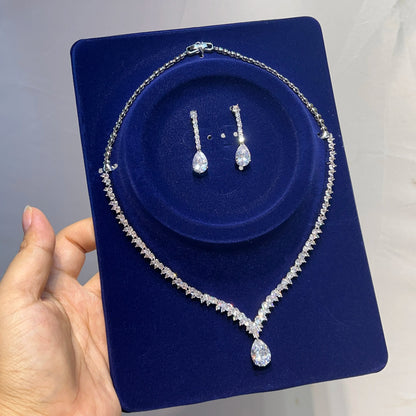 Classic Water Drop Pendant Crystal Necklace For Women, Cubic Zirconia Bridal Wedding 2 Piece Jewelry Set X0178