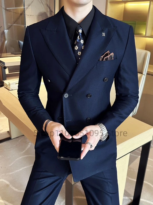 Fashion Navy Blue Business Men Suit Groom Wedding Party Prom Formal Occasion Tuxedos 2 Piece Clothes Set Peak Lapel Blazer Pants