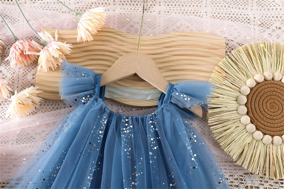2026 Summer 1-5Y Korean Style Girls Suspender Dress Kids Flutter Sleeve Mesh Breathable Daily Party Dress Children Clothes
