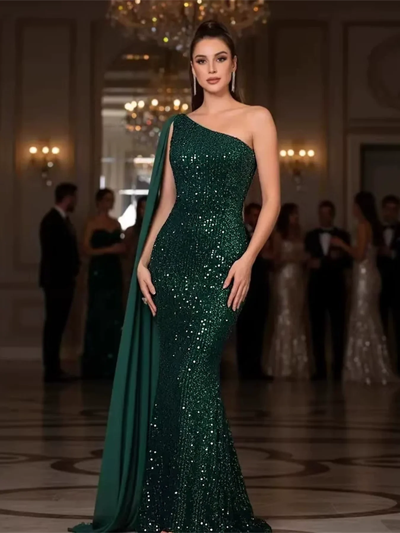 One Shoulder Chiffon Ribbon Flip Green Sequined Evening Dress Long Prom Maxi Gown for Women