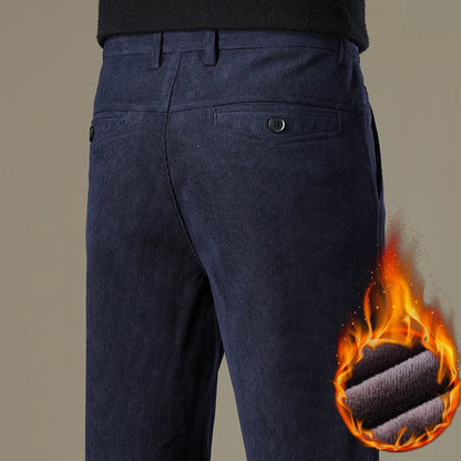Winter Men Business Fleece Thick Casual Pants Straight Velvet Corduroy Warm Cold Resistant Bottoms Elastic Waist Trousers