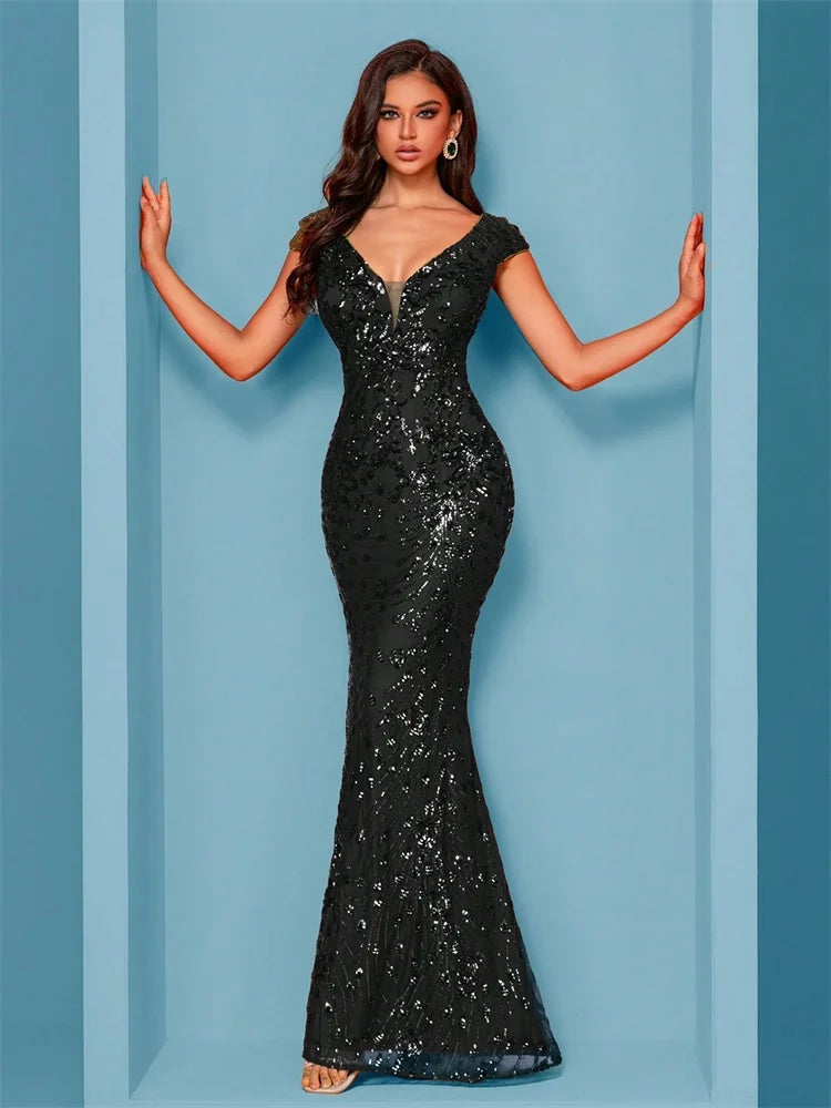 Elegant Champagne Evening Dress For Women Long 2024 Luxury Mermaid Formal Sequins Prom Wedding Party Cocktail Dresses