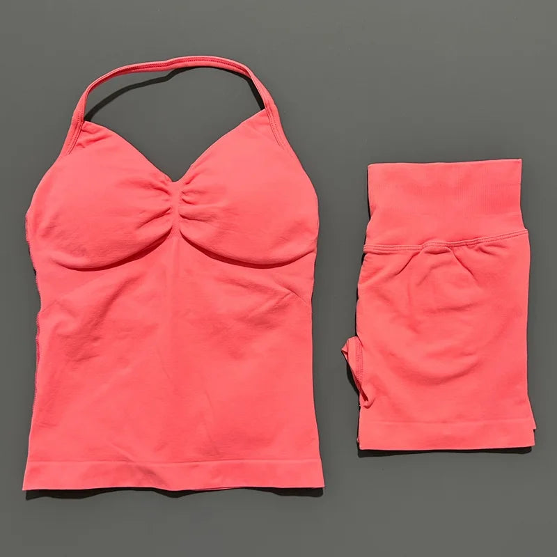 No Logo 2 Pies Sports Set Women Backless Tank Yoga Tops High Waist Scrunch Seamless Shorts Sport Gym Set Sportswear Workout Set
